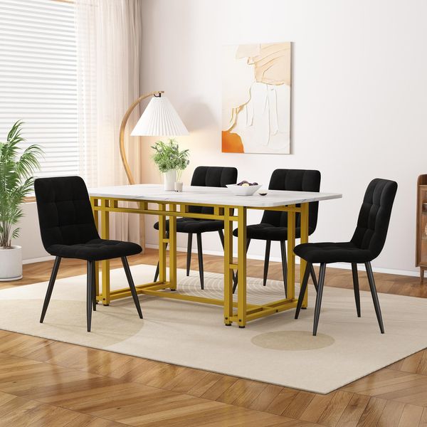 Set Da Pranzo Flieks 5 Pezzi, Gruppo Di Seduta Con 4 Sedie Imbottite, Tavolo Da Pranzo Con Sedie Da Pranzo, Tavolo Da Cucina Rettangolare, Sedia Da Cucina Con Rivestimento In Velluto, Nero-image