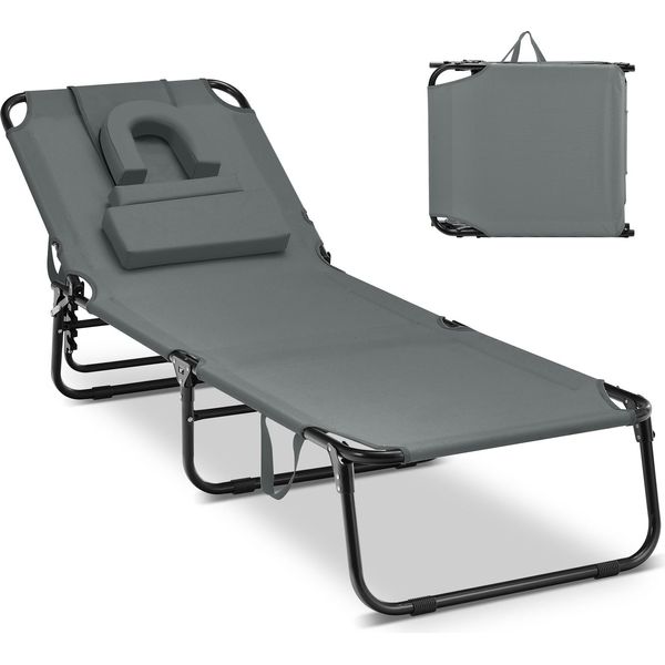 Costway Lettino Da Giardino Pieghevole, Lettino Con Apertura Sul Viso, 3 Cuscini E Schienale Regolabile, Sdraio Da Spiaggia Fino A 160Kg 194X63X37Cm Grigio-image