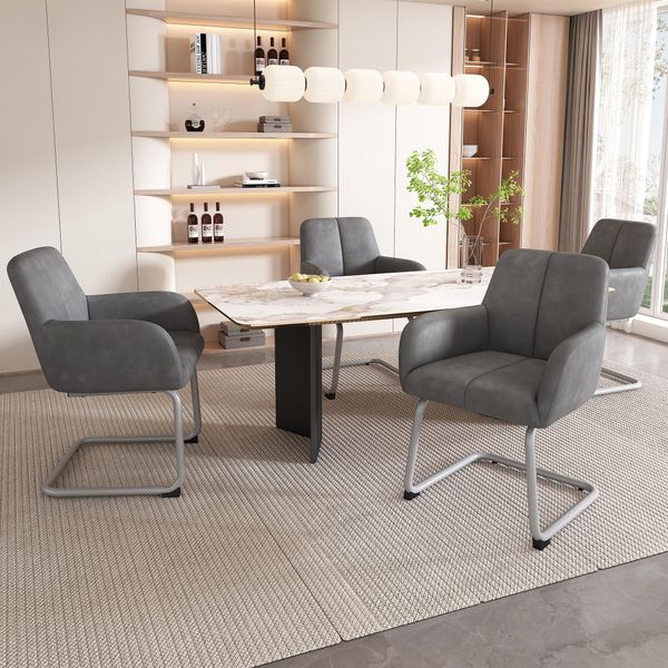 Set Di 4 Sedie Per Sala Da Pranzo Flieks, Sedia A Sbalzo Con Gambe In Metallo, Sedie Imbottite Sedia Da Cucina Sedie Da Lavoro, Pu, Grigio-image