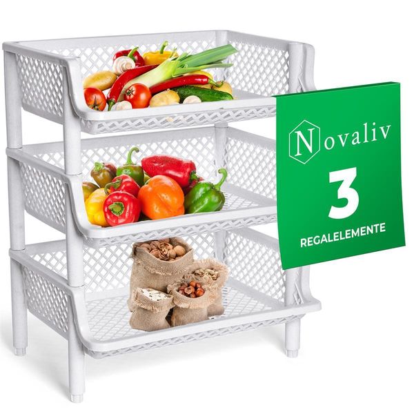 Novaliv 3 Pezzi Scaffale A Cestello Bianco Impilabile Ed Estensibile, Scaffale Per Dispensa, Scaffale Per Alimenti, Scaffale Per Frutta, Scaffale Per Cantina, Sistema Di Organizzazione Della Dispensa, Scaffale Per Bevande-image