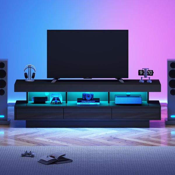 Mobile Tv Merax Con Cassetti E Vani A Giorno, Pannello Basso Lucido, Tavolo Tv Con Led Incl. App, Supporto Tv, 160X38X50,5 Cm, Nero-image