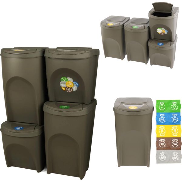 Set Di 4 Bidoni Per La Raccolta Differenziata Da 120 L - Set Di Bidoni Per La Raccolta Differenziata Da 2X35 L + 2X25 L In Grigio Da Impilare Compatto, Modulare E Leggero Semplice Differenziazione Dei Rifiuti Domestici Plastica-image