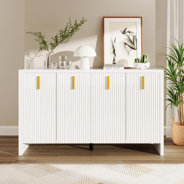 Cassettiera Merax Con Quattro Ante E Ripiani Regolabili, Credenza Con Maniglie In Metallo, Mobile Da Soggiorno Buffet Credenza, L:140Cm, Bianco-image