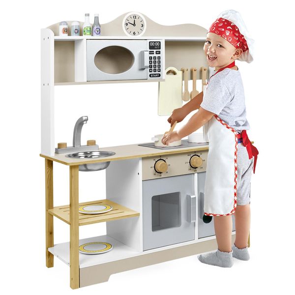 Sessamen-Lp Cucina Per Bambini, Cucina Da Gioco In Legno, Cucina Per Bambini, Accessori Da Cucina In Legno Con Accessori In Legno Lavello Microonde Cucina Giocattolo Per Bambini, 65X24X85Cm, Tipo A-image