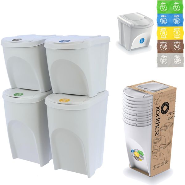 Set Di 4 Bidoni Per La Raccolta Differenziata Da 120 L - Set Di Bidoni Per La Raccolta Differenziata Da 2X35 L + 2X25 L In Bianco Bianco Cenere Colore Per L'impilamento Compatto, Modulare E Leggero Semplice Differenziazione Dei Rifiuti Domestici Plastica-image