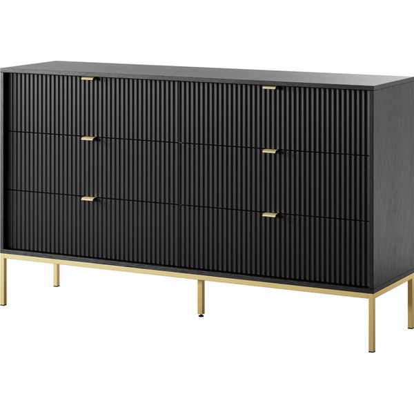Cassettiera: 6 Cassetti, Nero, Gambe Dorate, 154 X 39 X 83 Cm-image