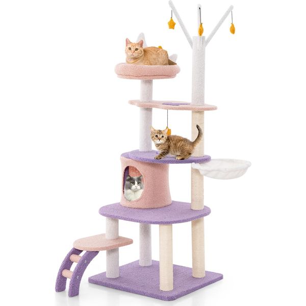 Tiragraffi Costway, Albero Per Gatti Con Grotta Per Gatti, Scala, Amaca E Giocattoli, Simpatico Albero Da Arrampicata, Arredamento Per Gatti, Viola, Rosa 59X49X158Cm-image