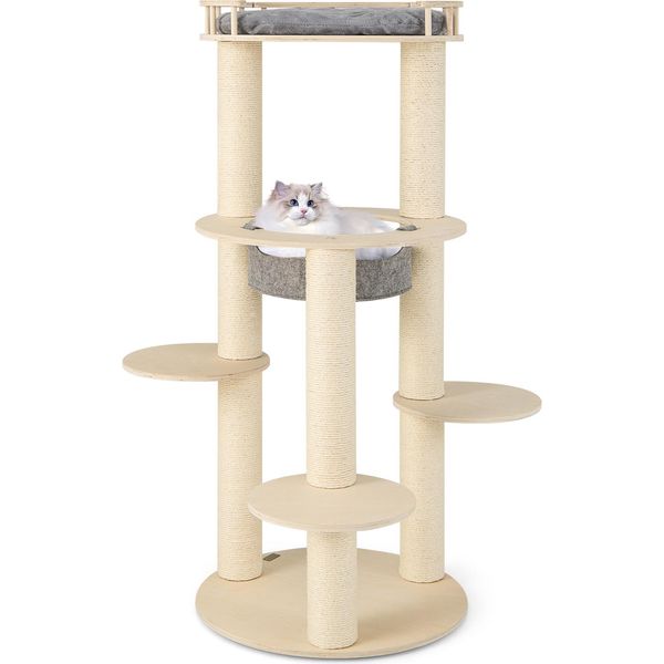 Costway Tiragraffi A 6 Livelli 66X66X150Cm, Albero Per Gatti In Legno Con Amaca, 4 Aree Di Riposo E 3 Tiragraffi, Arredamento Per Gatti Grigio, Natura-image