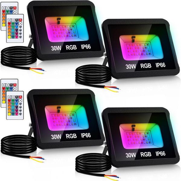 Tolletour Faretto Led Rgb 30W Rgb Proiettore Faretto Led Rgb Per Esterni Faretto Per Esterni Con Telecomando IP66 Impermeabile Per Giardino 4 Pezzi-image