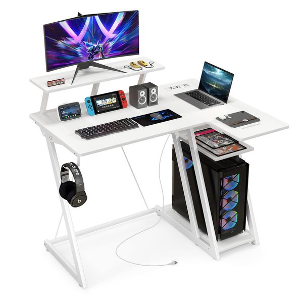 Scrivania Costway Con Prese Di Corrente, Porte Usb, Ganci Per Cuffie, Supporto Per Monitor E Cpu, Piccola Scrivania Per Computer, 107X45X93Cm-image