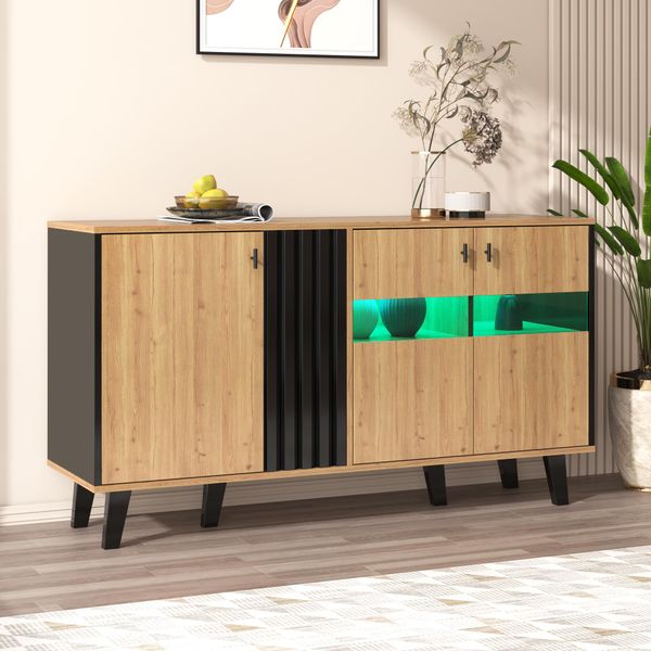 Cassettiera Merax Con Illuminazione A Led, Credenza A 3 Ante E 6 Scomparti, Credenza A Buffet, Mobile Contenitore Per La Casa Di Campagna 140X78X41Cm, Naturale/Nero-image