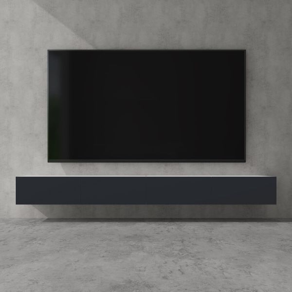 Doporro Mobile Porta Tv Sospeso 280 Cm Con 4 Ante Bianco Opaco E Antracite Opaco, Credenza Bassa Da Soggiorno Salotto, Madia Consolle Bicolore Per Tv Fernsehschrank02-image