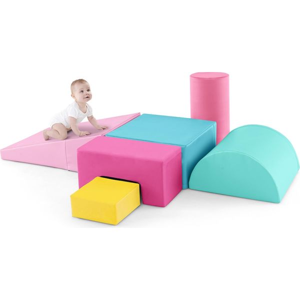 Costway 6 Pcs. Blocchi Da Costruzione In Schiuma, Blocchi Da Costruzione Giganti Per Scatenarsi E Arrampicarsi, Blocchi Da Costruzione In Schiuma Morbida (Rosa Scuro)-image