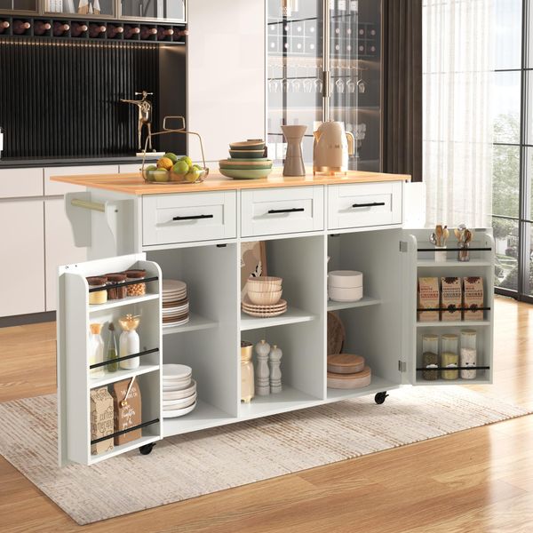 Carrello Da Cucina Merax Con Piano Di Lavoro Allungabile, Isola Da Cucina Con 3 Cassetti, Carrello Di Servizio Carrello Da Cucina Carrello Da Cucina, 139X46(71)X91,5 Cm, Bianco-image