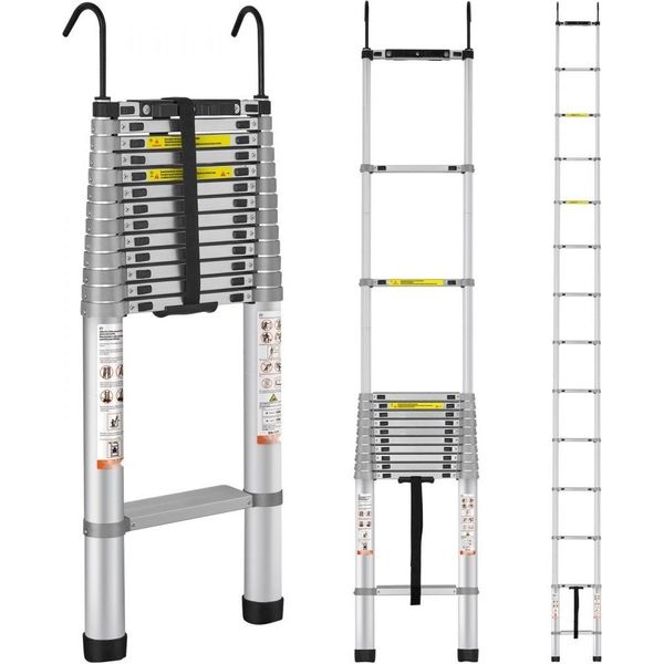 Scala Telescopica Da 5,54 M Con Scala Pieghevole Antiscivolo - Scaletta Da 112X49X8,5 Cm - Sistema Di Bloccaggio - Scala Multiuso In Lega Di Alluminio - Portata Fino A 190 Kg - Ideale Per Riparazioni Domestiche, Decorazioni E Pittura Delle Pareti.-image