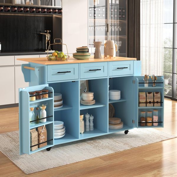 Flieks Carrello Di Servizio Per Cucina A Isola Con 3 Cassetti, Carrello Portavivande Con Piano Di Lavoro Estensibile, Carrello Da Cucina A Isola Carrello Da Cucina, Blu-image