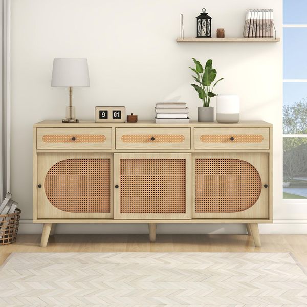 Cassettiera Merax Con Cassetto E 6 Scomparti, Cassettiera Con Vimini In Rattan, Credenza Stile Country Credenza Tv, 140X40X78 Cm, Natura-image