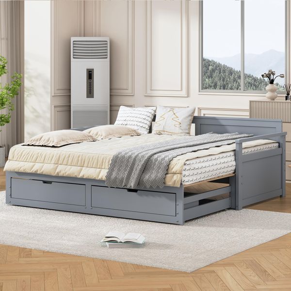 Flieks Divano Letto 90X190Cm Con Letto Estraibile, Letto Classico In Legno Con 2 Cassetti, Letto Per Ragazzi Con Rete A Doghe, Divano Letto Da Giorno, Grigio-image
