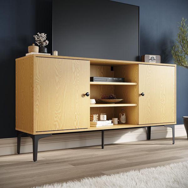 Mobile Tv Sonni, Tavolo Tv A 2 Ante, 3 Vani Aperti, 135 X 35 X 70 Cm, Ripiano Basso Per Tv 60 Pollici, Con Apertura Per Cavi Ripiano Tv, Colore Legno Originale-image