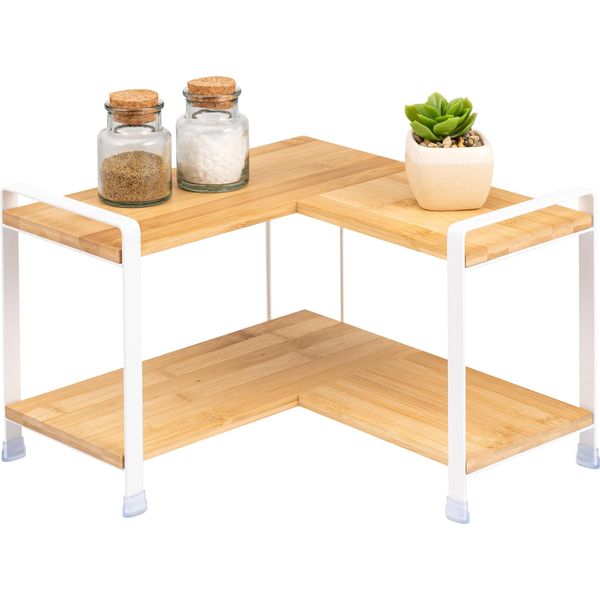 Mensola Ad Angolo Per Spezie Eluno, Mensola Ad Angolo Per Cucina, In Bambù E Metallo Bianco-image