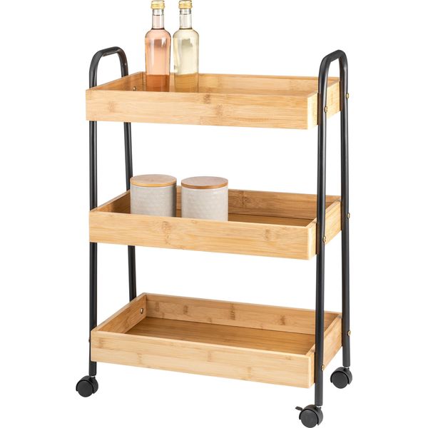 Carrello Da Cucina Eluno A 3 Livelli, Carrello Di Servizio In Bambù E Metallo Nero-image