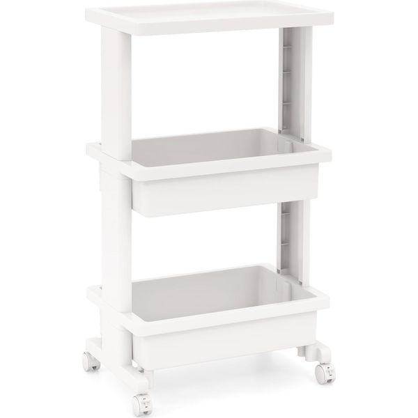 Costway Carrello A 3 Livelli Con Piano D'appoggio, Robusto Carrello In Plastica Con Ruote Bloccabili, Carrello Portaoggetti Multifunzionale In Bianco-image