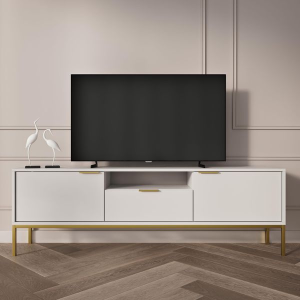 Mobile Rtv Moderno Bianco, Gambe Dorate - Design Elegante 135 Cm-image