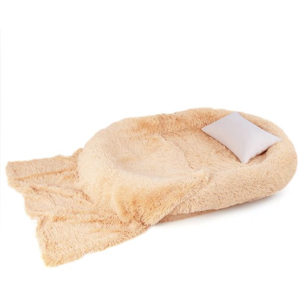 Costway Letto Per Cani Enorme Con Cuscino, Coperta, Cinghie E Rivestimento Rimovibile, Letto Per Animali Domestici Soffice E Lavabile Per Umani E Cani, 171X115Cm Ovale Marrone-image