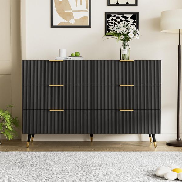 Cassettiera Merax Con Maniglie Dorate E Gambe In Metallo, Credenza Con 6 Cassetti, Mobile Contenitore Dal Design Moderno, 120X77X40Cm, Nero-image