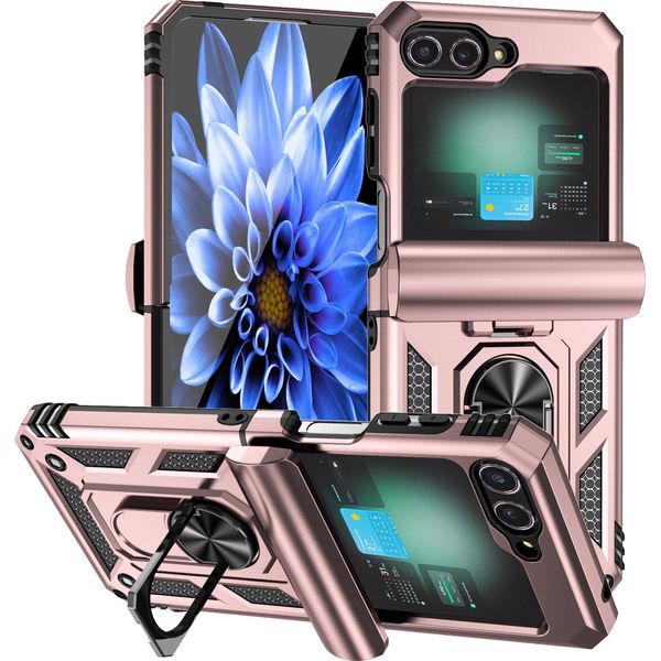 Custodia Ibrida Per Samsung Galaxy Z Flip 6 / Z Flip 7 Fe A Due Strati Con Supporto Ad Anello E Copertura A Cerniera Rosa-image