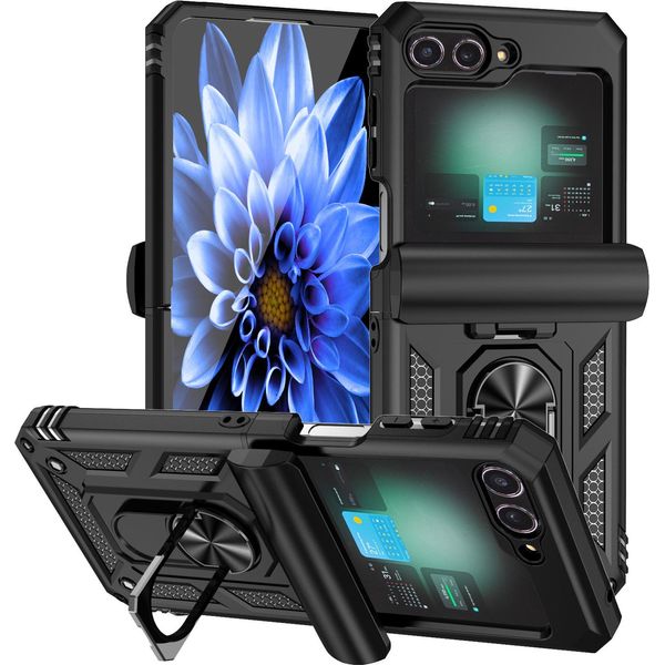 Custodia Ibrida Per Samsung Galaxy Z Flip 6 / Z Flip 7 Fe A Due Strati Con Supporto Ad Anello E Copertura A Cerniera Nero-image