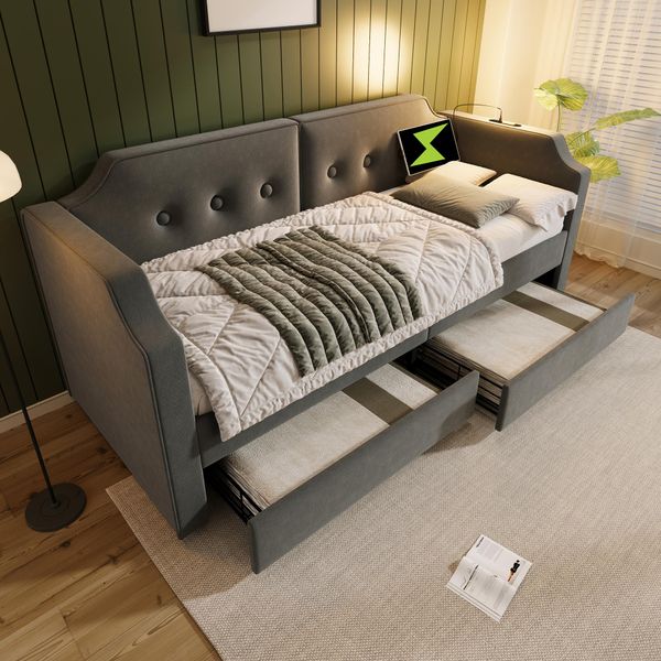 Flieks Divano Letto Imbottito 90X200Cm Con Usb E Luce Di Lettura, Letto Contenitore Letto Singolo Con 2 Cassetti, Letto Funzionale Letto Da Giorno Divano Letto, Velluto, Grigio-image
