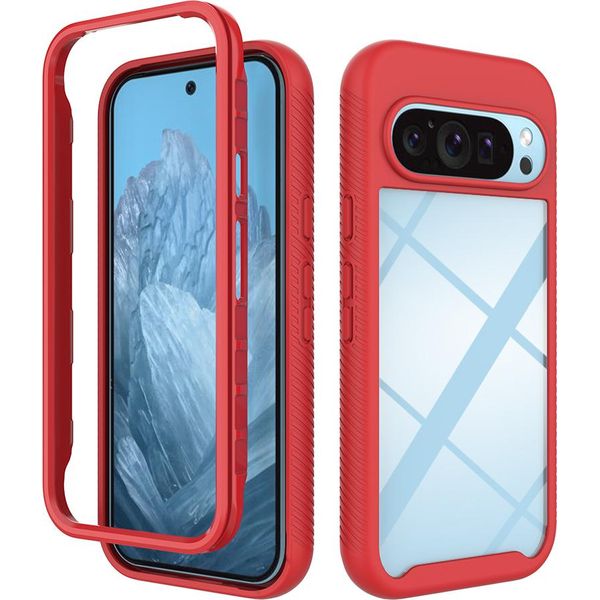 Custodia Per Google Pixel 9 / Pixel 9 Pro, Copertura Posteriore Trasparente Ibrida, Robusto Paraurti In Tpu, Custodia Antiurto Rossa-image