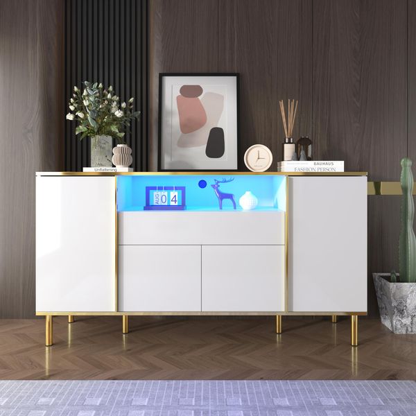Credenza Merax Lucida Con Illuminazione A Led, Cassettiera Con Cornice Dorata, Credenza A 4 Ante, Mobile Credenza 150X40X80Cm, Bianco-image