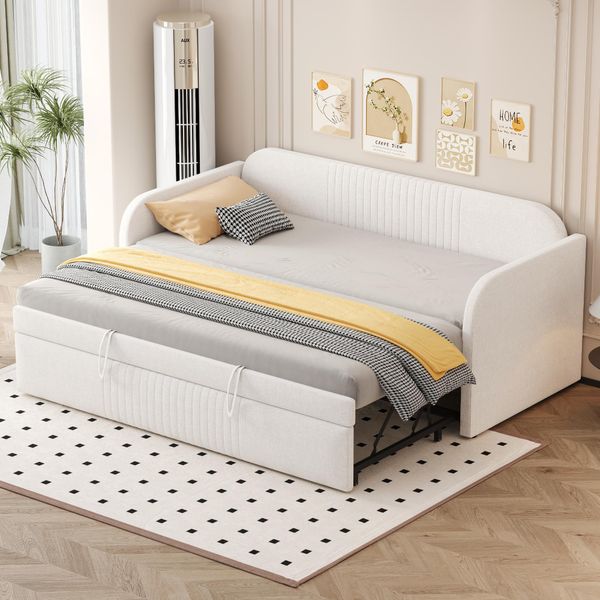 Divano Letto Flieks 90X190Cm/180X190Cm, Divano Letto Imbottito Con Letto Estraibile, Letto Singolo Per Ragazzi Con Rete A Doghe, Biancheria Da Giorno, Beige-image