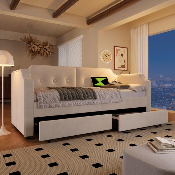 Flieks Divano Letto Imbottito 90X200Cm Con Usb E Luce Di Lettura, Letto Contenitore Letto Singolo Con 2 Cassetti, Letto Funzionale Letto Da Giorno Divano Letto, Velluto, Beige-image
