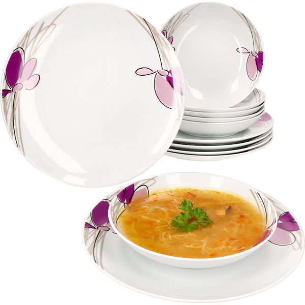 Servizio Da 12 Pezzi Viola In Porcellana 6 Persone Piatto Da Pranzo Piatto Fondo Fiori-image