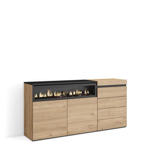Credenza, 157X35X75Cm, Camera Da Letto, Camino Elettrico, Cassettiera, Rovere-image