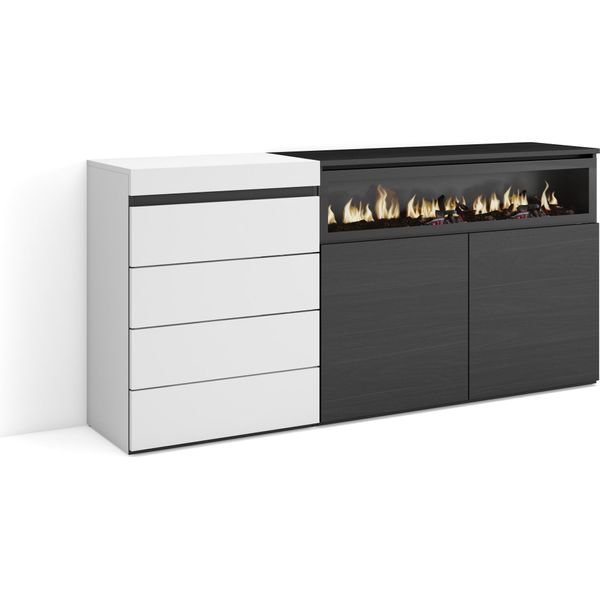 Cassettiera, 157X35X75Cm, Camera Da Letto, Camino Elettrico, Bianco E Nero-image