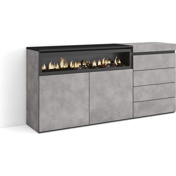 Credenza, 157X35X75Cm, Camera Da Letto, Camino Elettrico, Cassettiera, Cemento-image