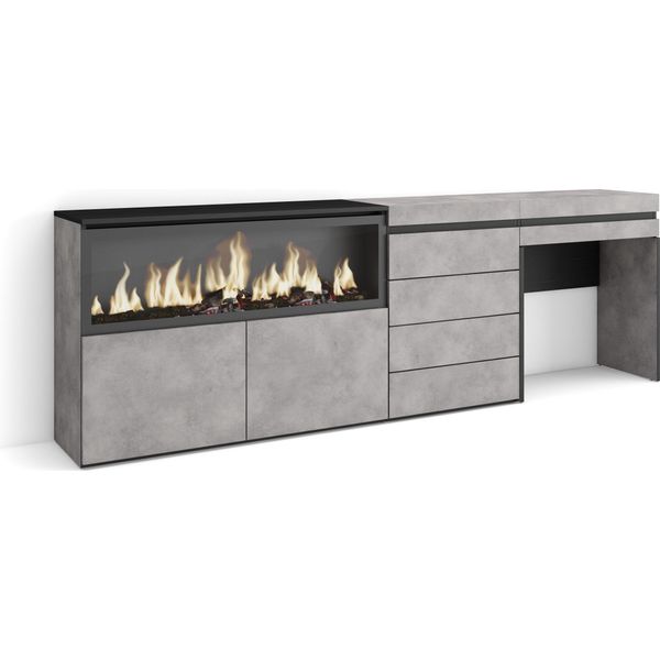 Tavolo Da Toeletta, 234X35X75Cm, Con Cassetto, Camino Elettrico Xxl, Cassettiera, Cemento-image