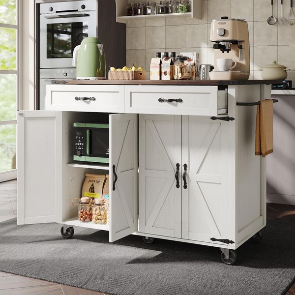 Carrello Da Cucina A Isola Flieks Con Piano Di Lavoro Estensibile, Carrello Da Cucina Con 2 Ante E 2 Cassetti, Carrello Da Cucina Per Cucina-image