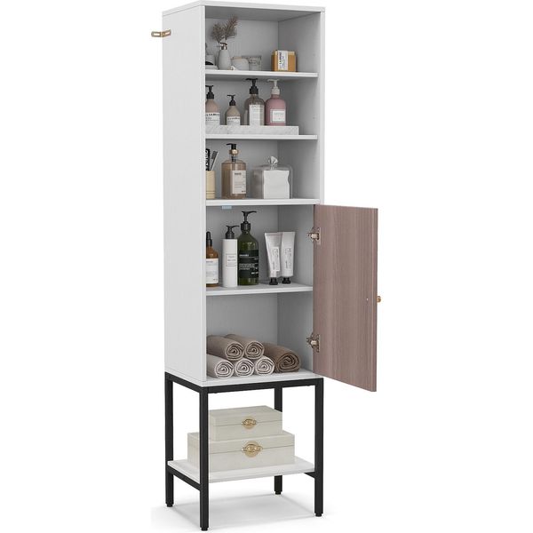 Mobile Da Soggiorno Alto 145 Cm Costway, Mobile Alto Autoportante Con Ripiani Regolabili E Spazio Di Archiviazione Sul Fondo, Mobile A Torre Stretto Bianco-image
