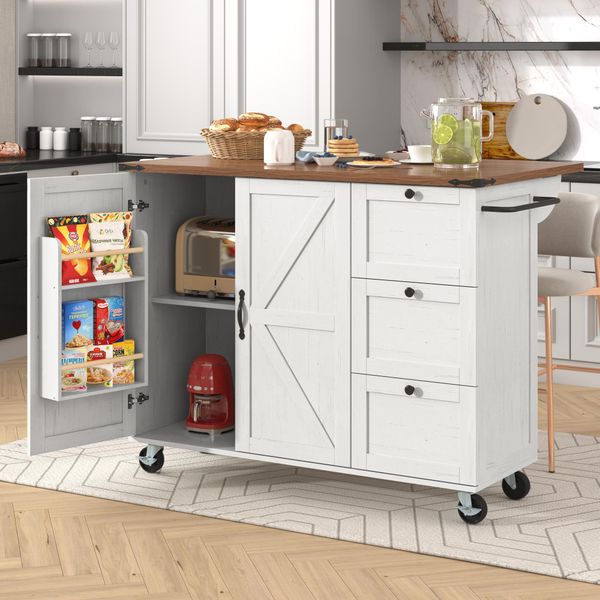 Carrello Di Servizio Flieks Per Cucina A Isola Carrello Da Cucina Con 3 Cassetti, Mobile Da Cucina Carrello Da Pranzo Con Piano Pieghevole E 2 Ante, Carrello Da Cucina A Isola-image