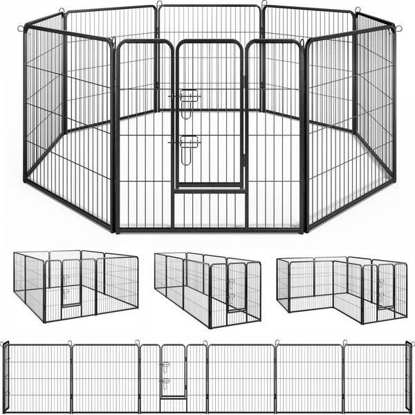 Costway, Recinto Per Cuccioli Alto 80 Cm, 8 Pezzi Pieghevole Con Porta Chiudibile, Recinto Per Cani Gatti Conigli In Metallo Nero-image
