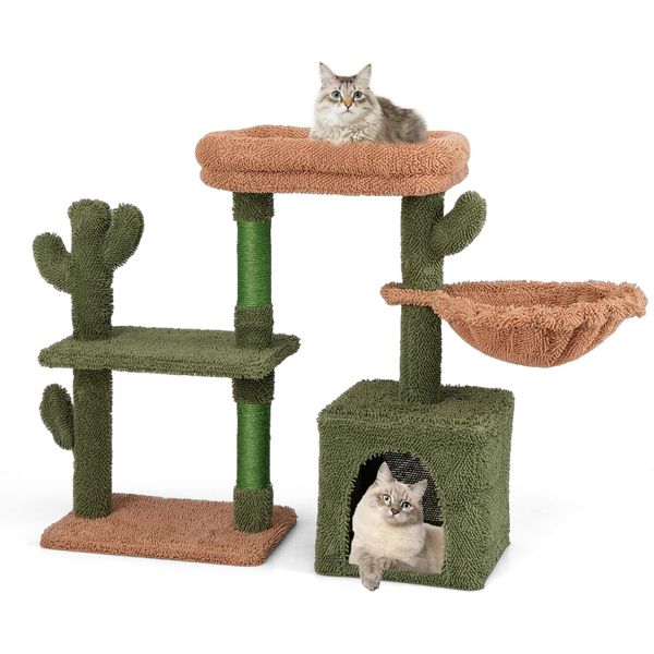 Costway 81Cm Tiragraffi Cactus, Albero Per Gatti Con Piattaforme, Amaca, Grotta Per Gatti, Palo In Sisal E Cuscino Lavabile Albero Da Gioco In Legno Verde, Marrone-image