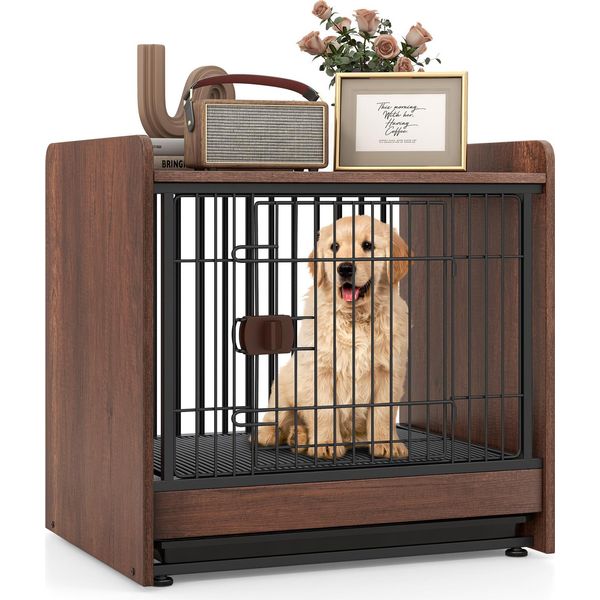Costway Gabbia Per Cani 2In1 Con Porta Con Serratura E Vassoio Rimovibile, Gabbia Per Cani Di Piccola E Media Taglia Legno, Marrone, 62×49,5×61 Cm-image