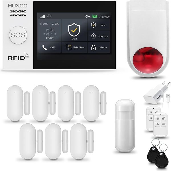 Huxgo HXA007 Sistema Di Allarme Casa Wifi + Gsm 2G Con Sirena Wireless, Sistema Di Allarme Con 1X Sensore Di Movimento E 7X Sensore Porta-Finestra, Sistema Di Allarme Per Appartamento, Casa, Garage, Tuya Smartlife App-image