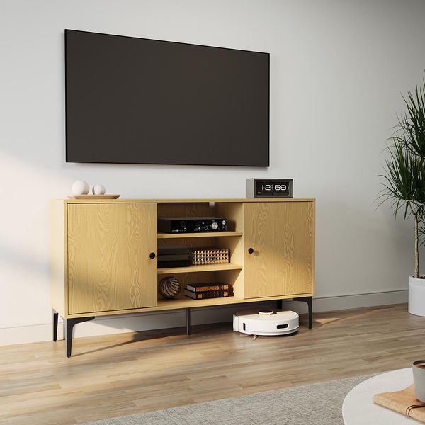 Mobiletto Tv Sonni, 135 X 35 X 70 Cm, Tavolo Tv A 2 Ante, 3 Scomparti Aperti, Colore Legno Originale, Con Ripiano Per Cavi Tv, Per Tv 60 Pollici-image