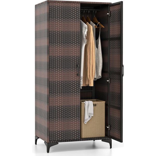 Costway Armadio In Vimini A 2 Ante, Alto 157 Cm, In Rattan Pe Con Asta Appendiabiti E 4 Scomparti, Nero/Marrone-image